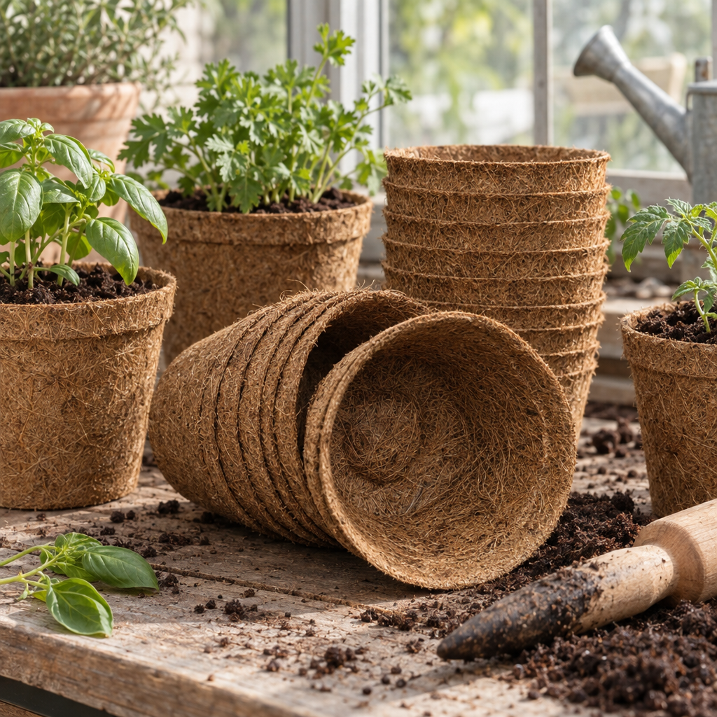 Biodegradable coir pots with seedlings on a greenhouse bench