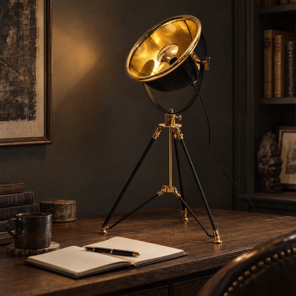 Black and brass tripod spotlight table lamp lit on an oak desk