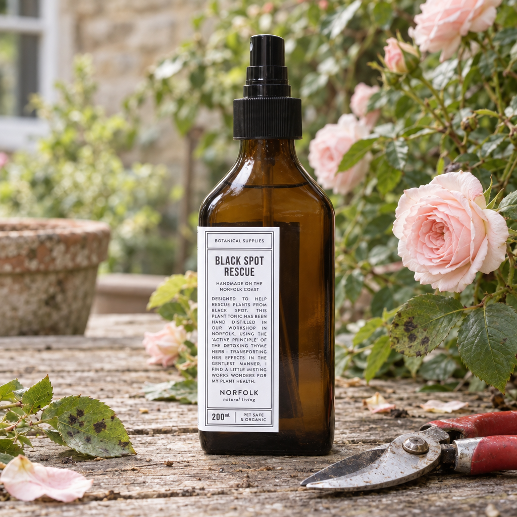 Norfolk Natural Living Black Spot Rescue on a garden table beside a rose