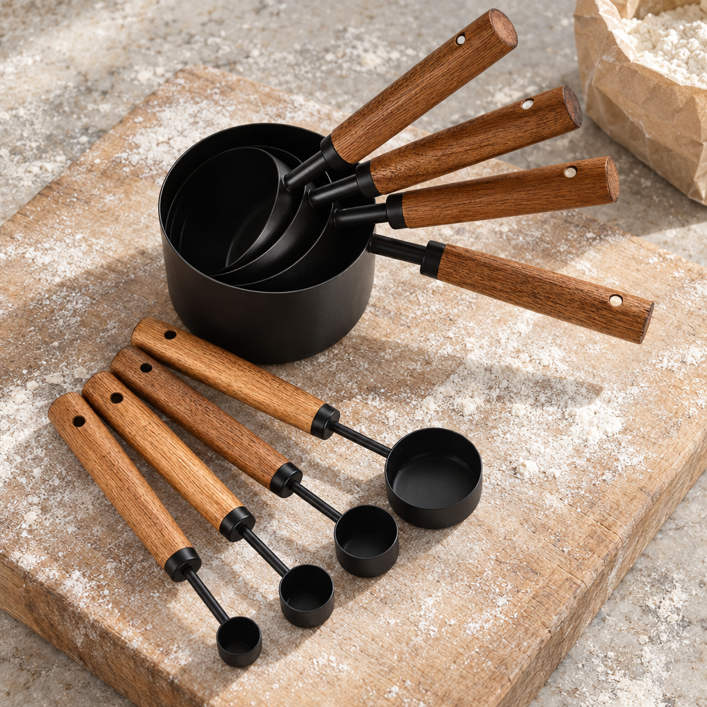Black stainless steel measuring cups and spoons with acacia handles on a floured baking board