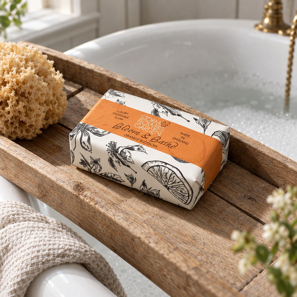 Storm Flowers Garden Bloom and Bathe orange blossom soap on a bath tray