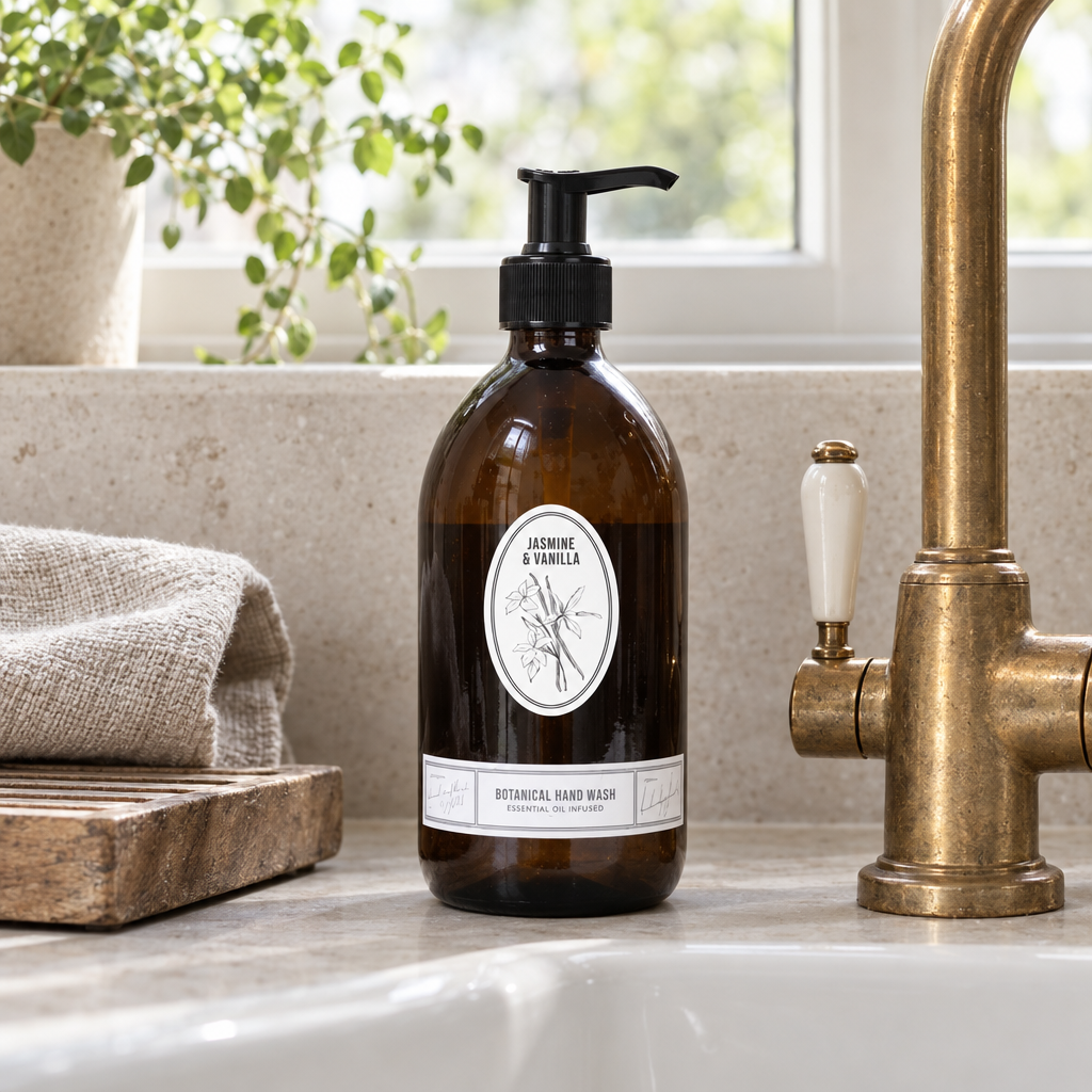 Norfolk Natural Living Botanical Hand Wash jasmine and vanilla beside a kitchen sink