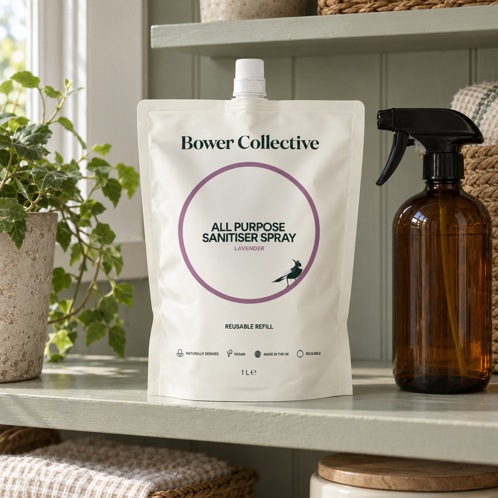Bower Collective All Purpose Sanitiser Spray Lavender refill pouch on a utility shelf