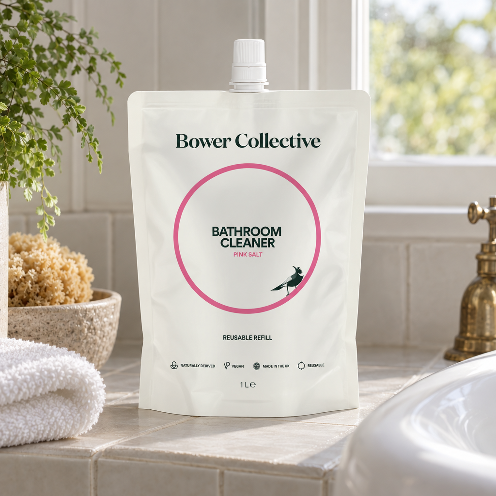 Bower Collective Bathroom Cleaner Pink Salt 1L refill pouch beside a bath