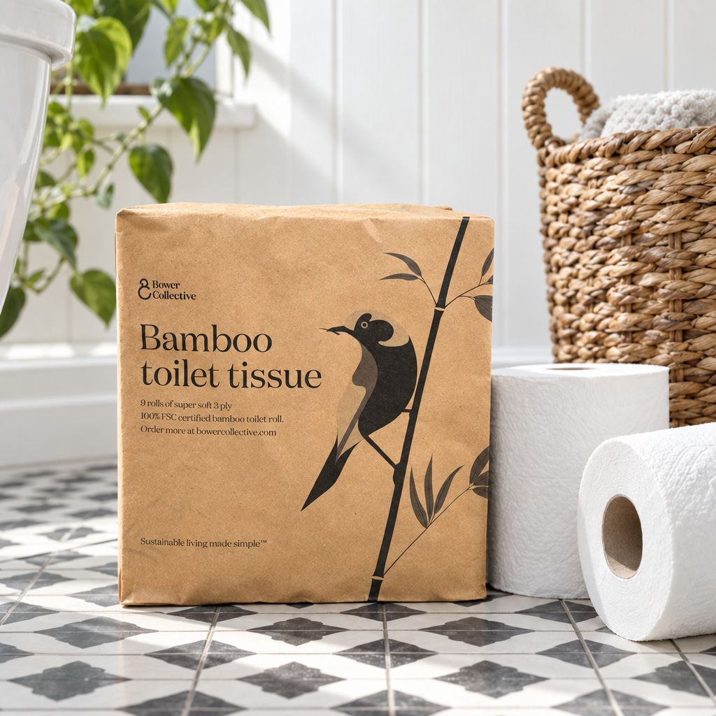 Bower Collective bamboo toilet tissue pack in a tiled bathroom