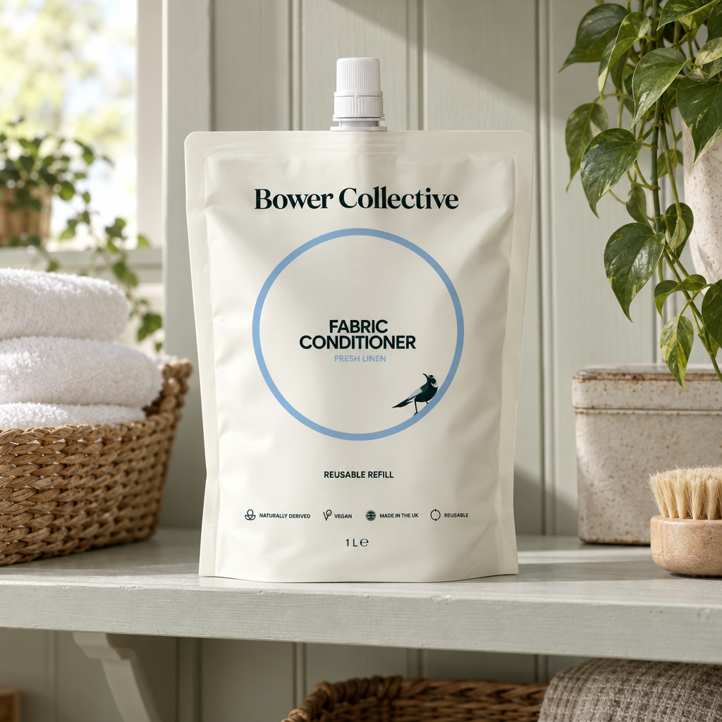 Bower Collective Fabric Conditioner Fresh Linen 1L refill pouch on a utility shelf