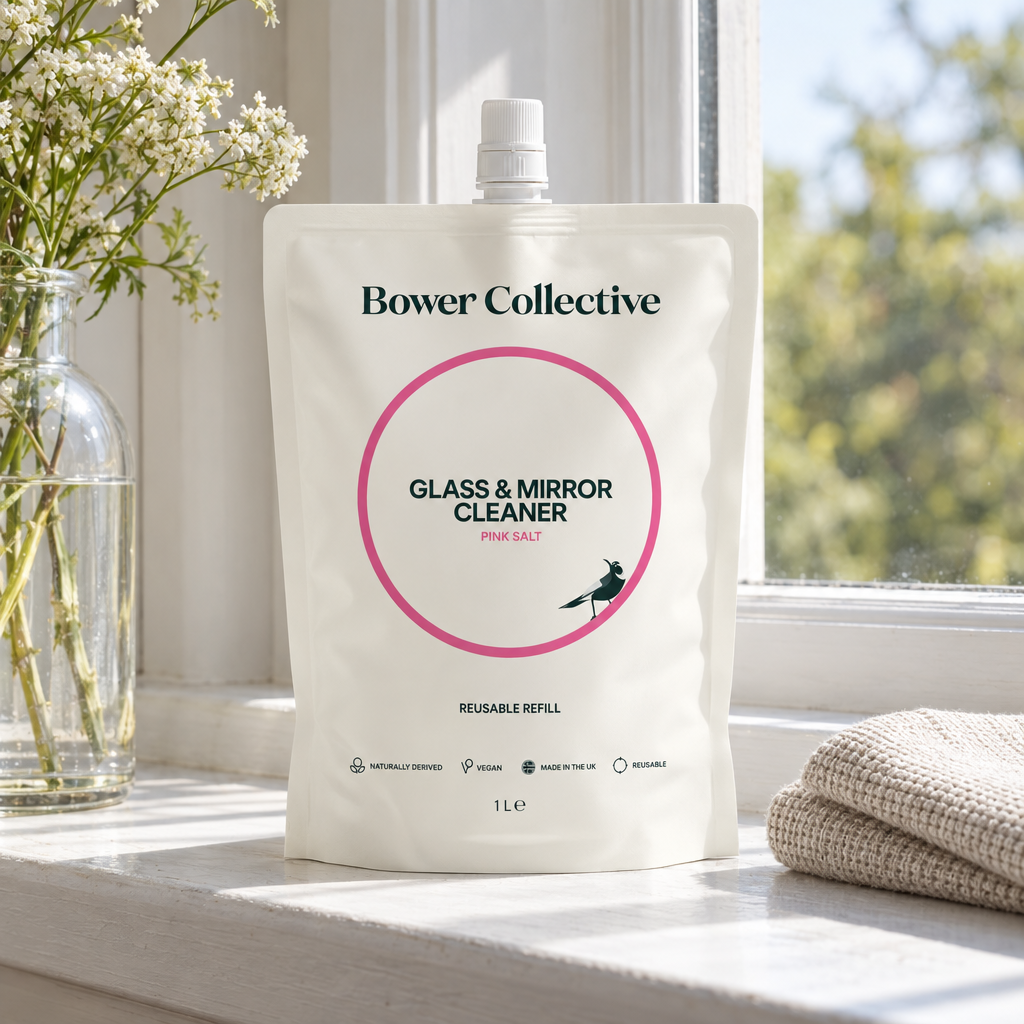 Bower Collective Glass and Mirror Cleaner Pink Salt 1L refill pouch on a windowsill