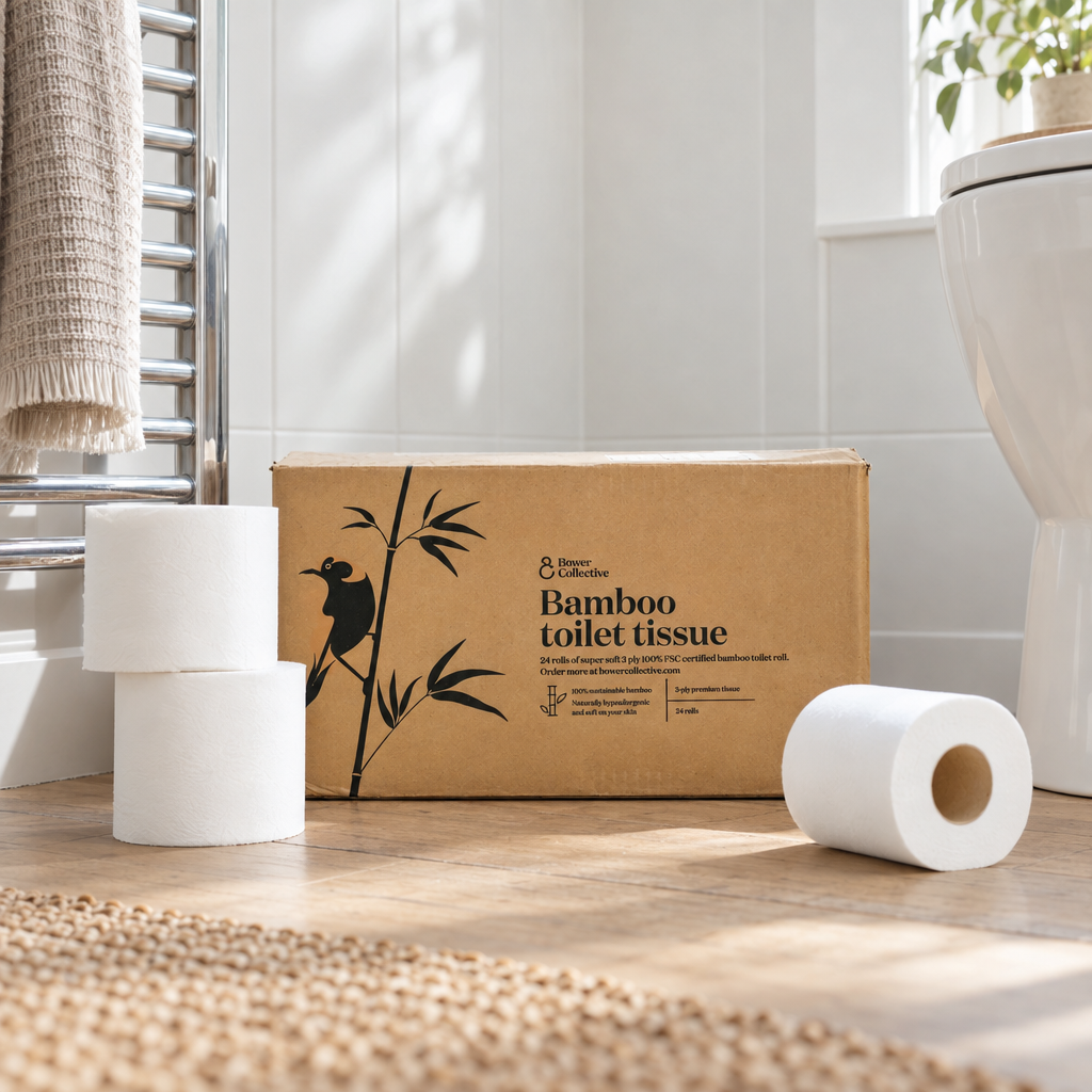 Bower Collective 24 bamboo toilet rolls box on a bathroom floor