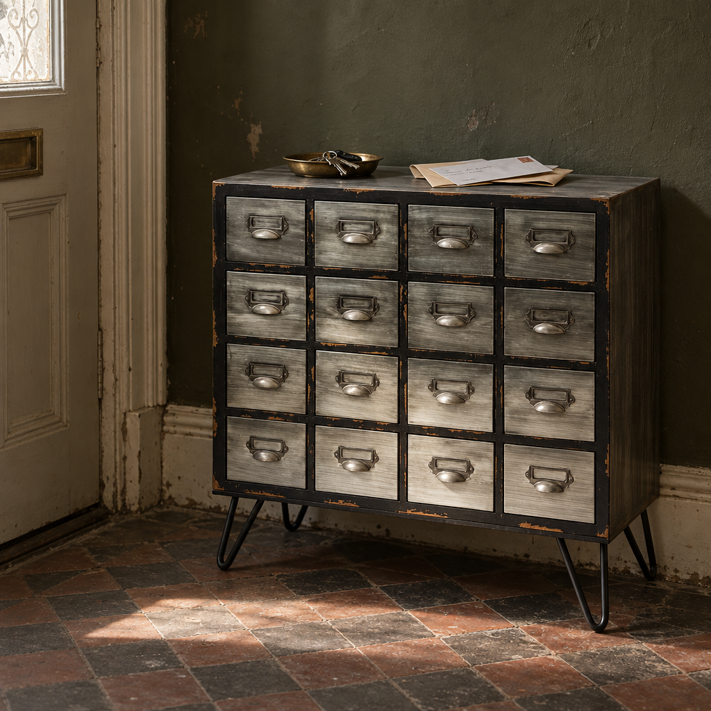 Brushed steel sixteen-drawer apothecary cabinet on hairpin legs in a tiled Victorian entrance hall