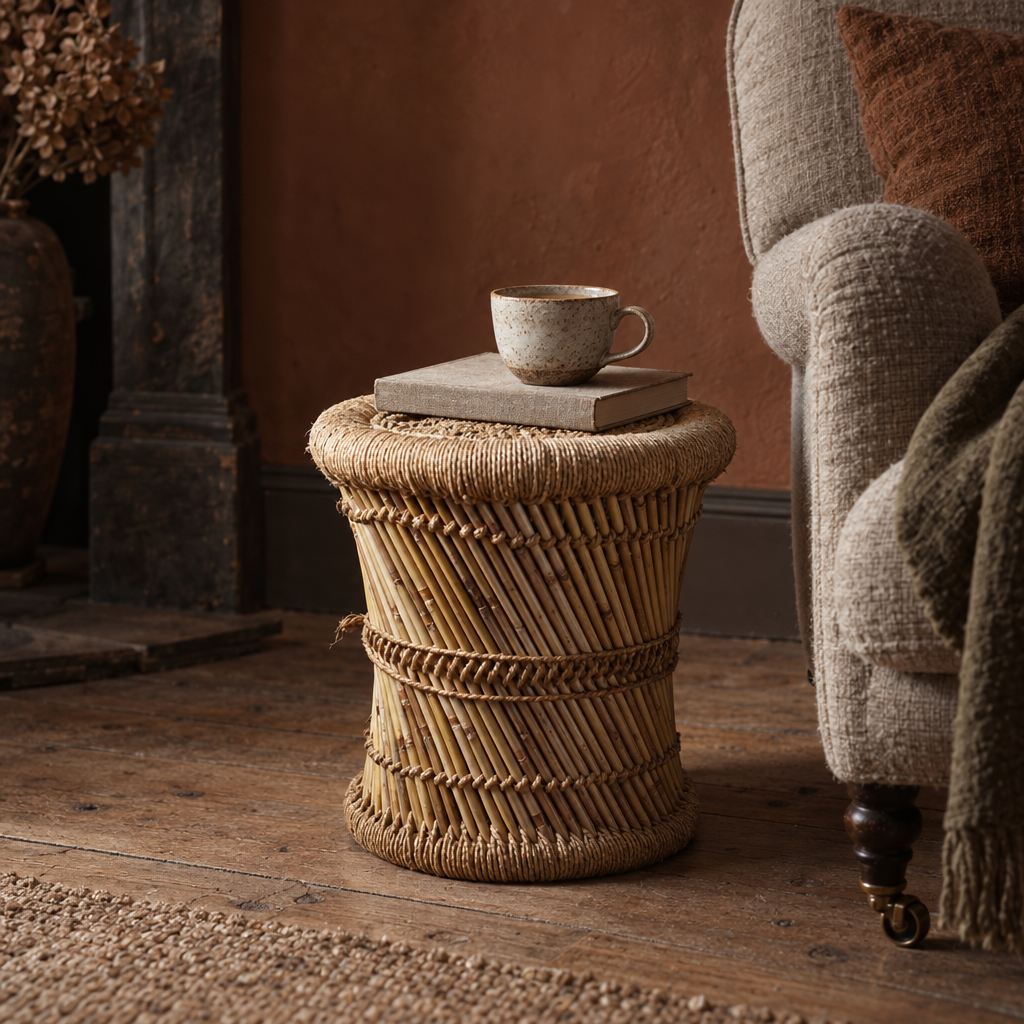 Cane and jute stool used as a side table beside an armchair