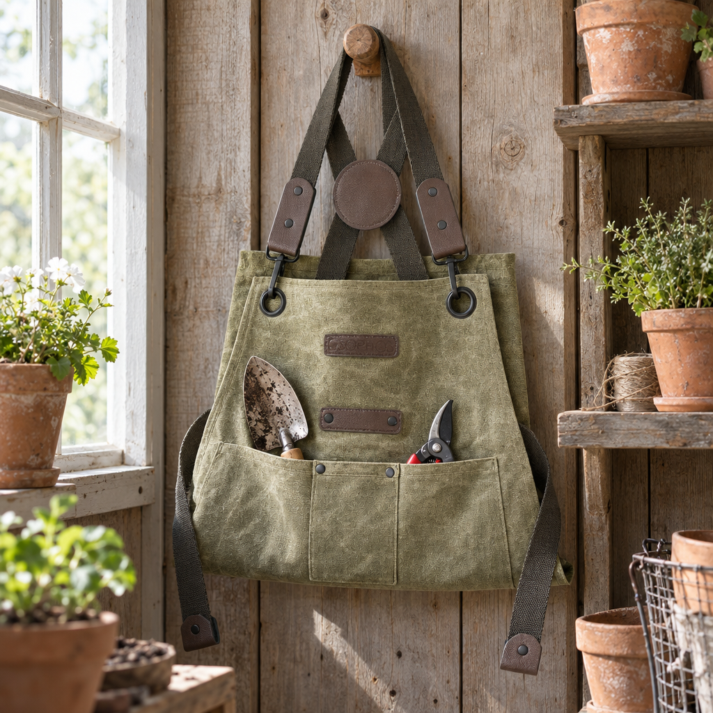 Waxed canvas garden apron hanging in a potting shed