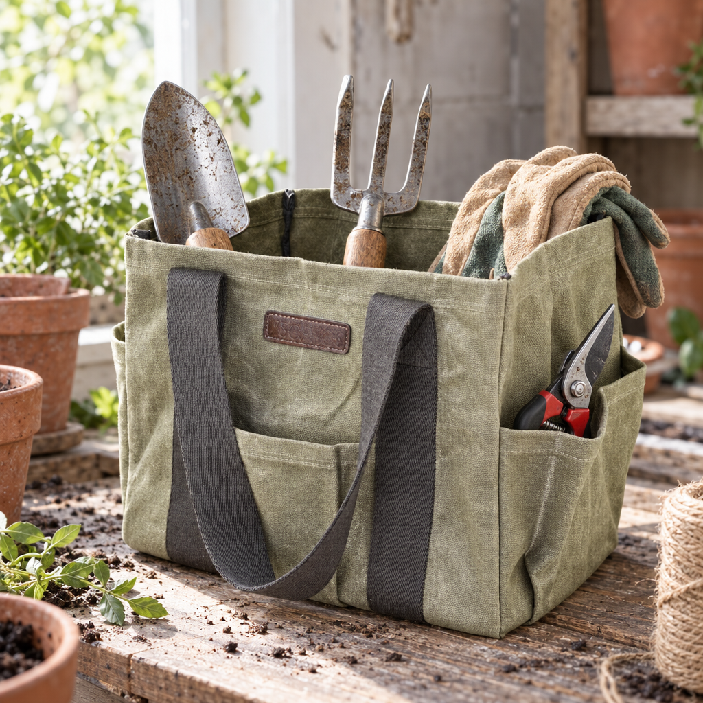 Waxed canvas garden tool tote filled with hand tools on a potting bench