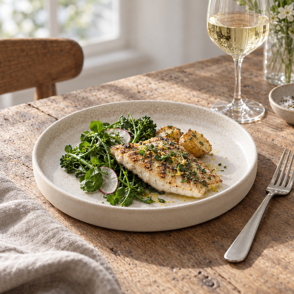 Cream stoneware dinner plate with grilled fish on an oak table