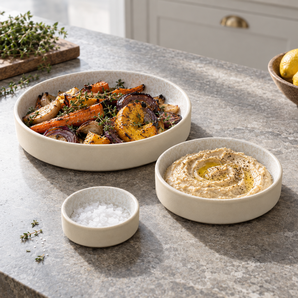Set of three stoneware serving dishes with roast vegetables, hummus and salt