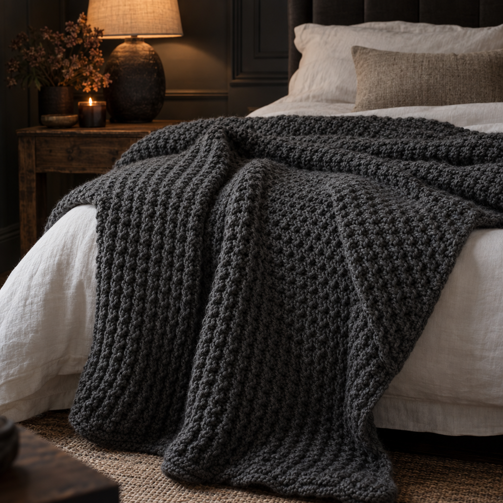 Large charcoal chunky knit throw across a bed