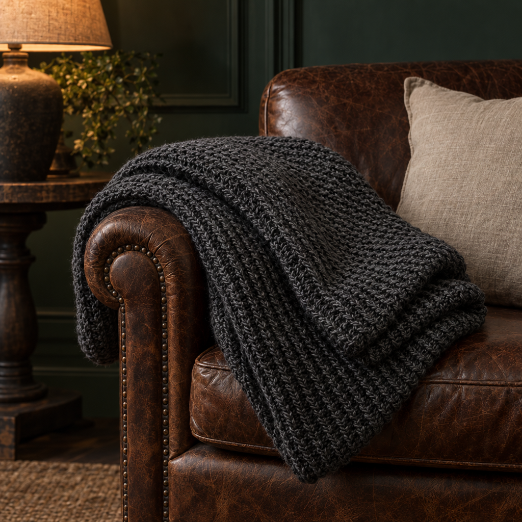 Charcoal chunky knit throw over a leather armchair