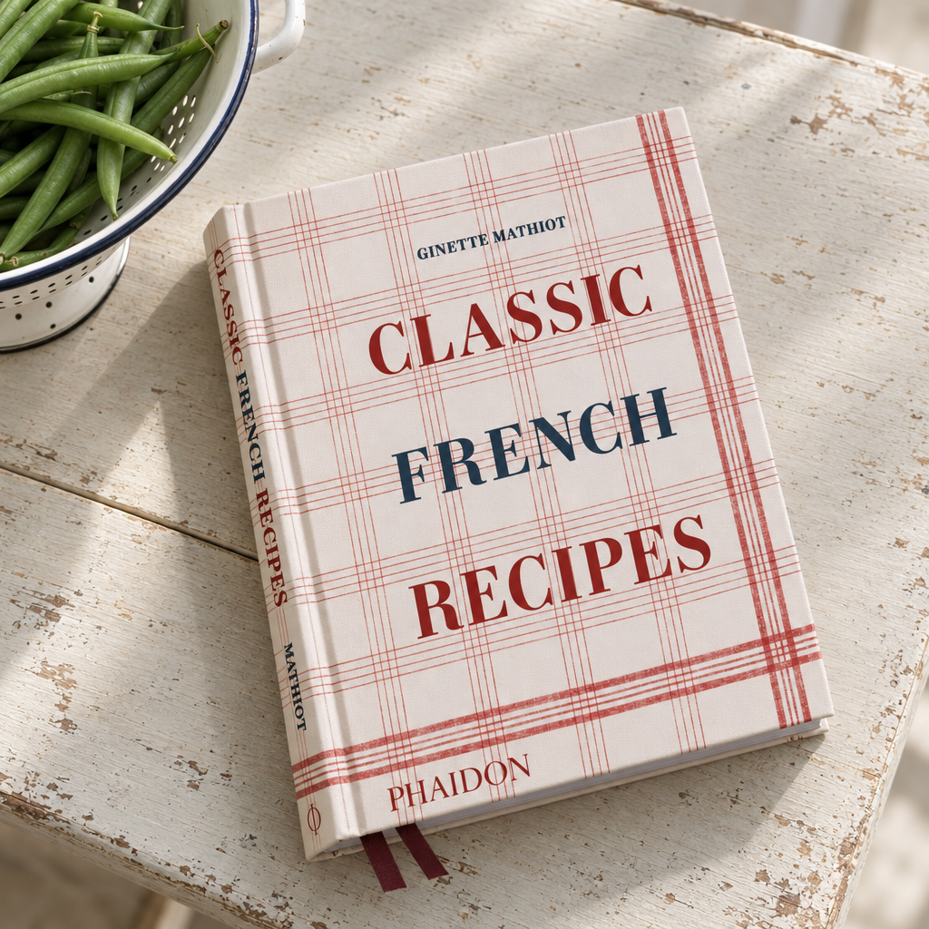 Classic French Recipes by Ginette Mathiot (Phaidon) on a painted kitchen table with green beans