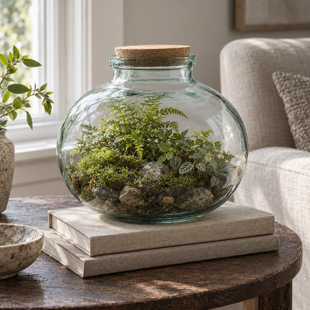 Round recycled glass terrarium with cork stopper planted with moss and ferns