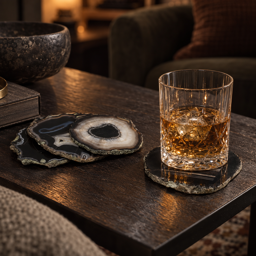 Set of four black agate stone coasters with a glass of whisky on a dark coffee table