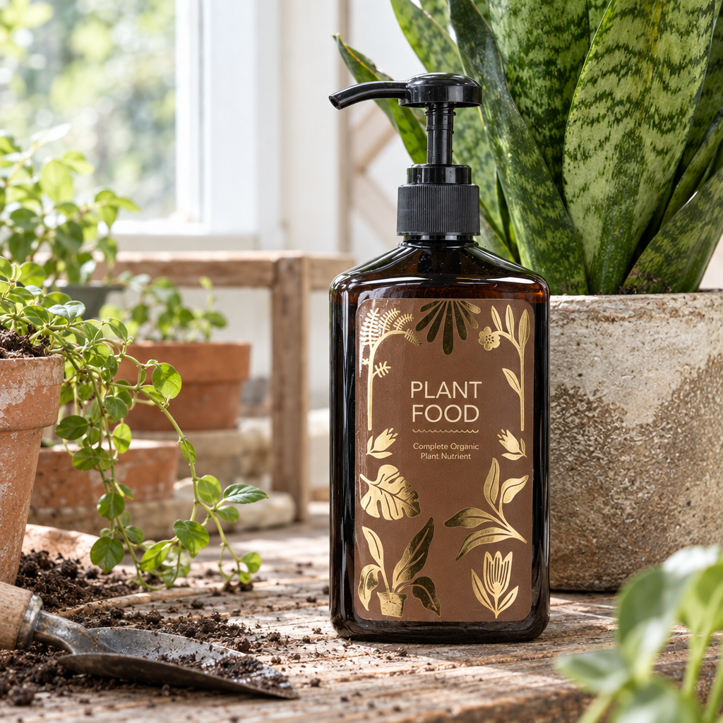 Complete Organic Plant Food pump bottle on a potting bench