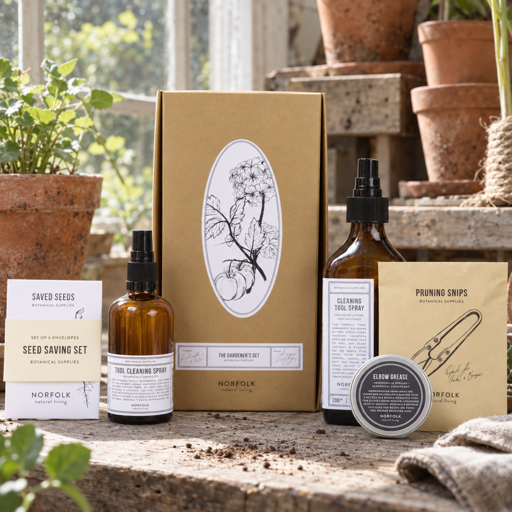 Norfolk Natural Living The Gardener's Set on a greenhouse bench