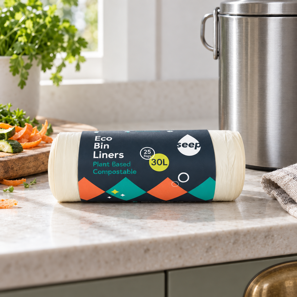 Seep compostable bin liners 30L roll on a kitchen worktop