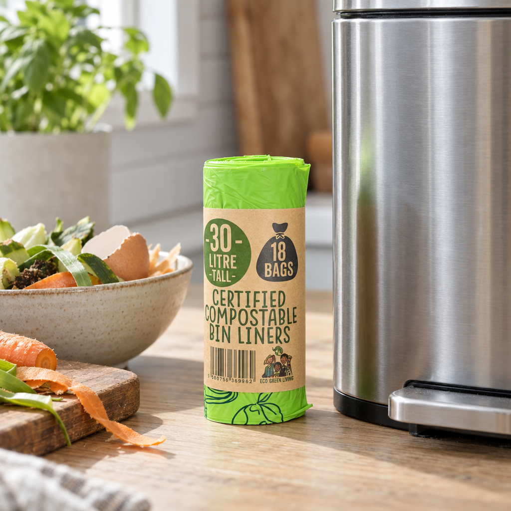 Eco Green Living 30 litre compostable bin liners roll beside a kitchen bin