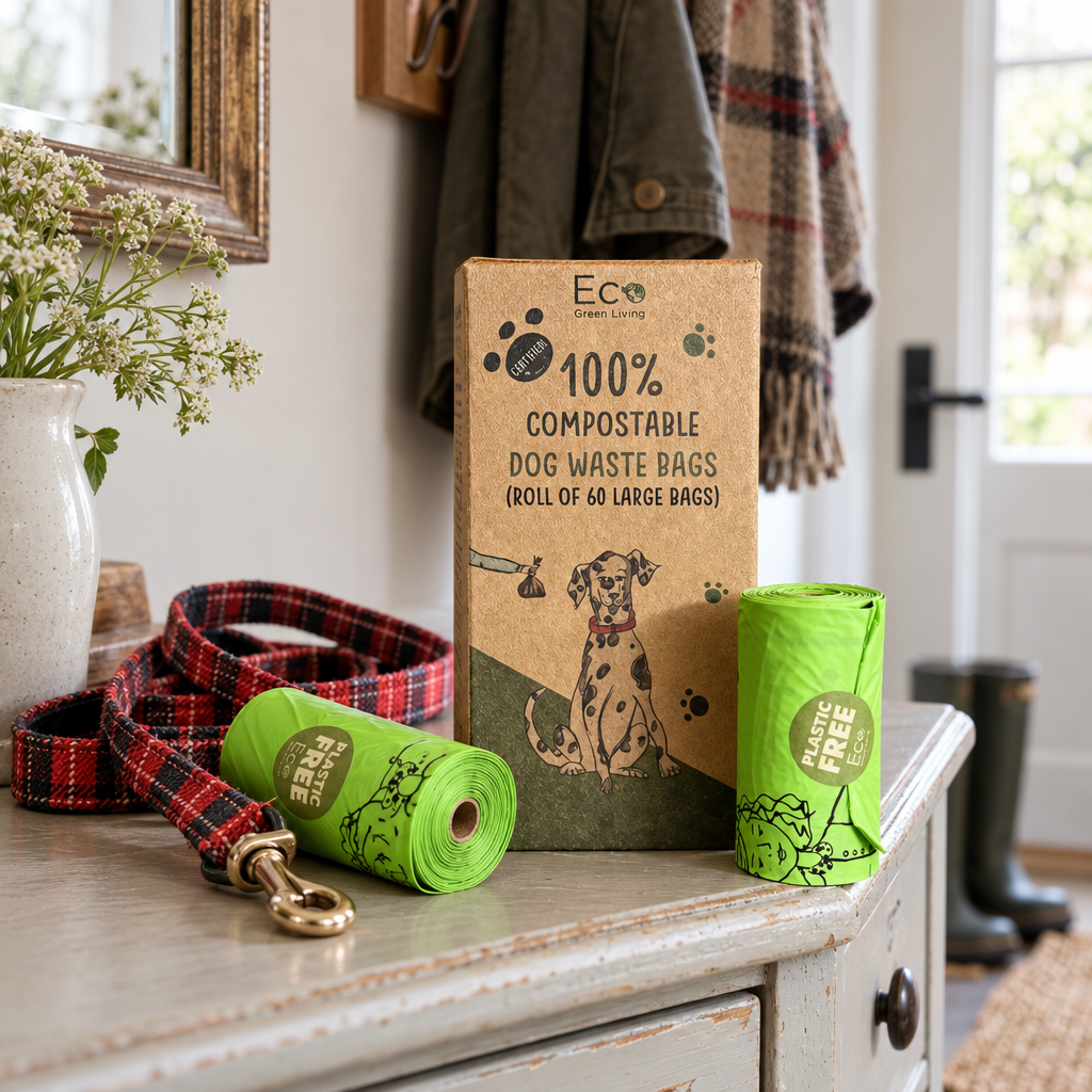 Eco Green Living compostable dog waste bags box and rolls on a hall console