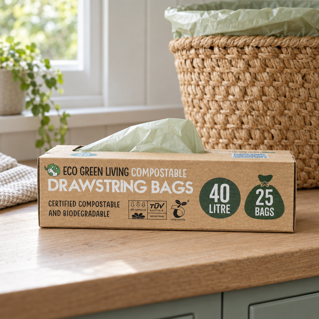 Eco Green Living compostable drawstring bin bags 40L box on a utility worktop