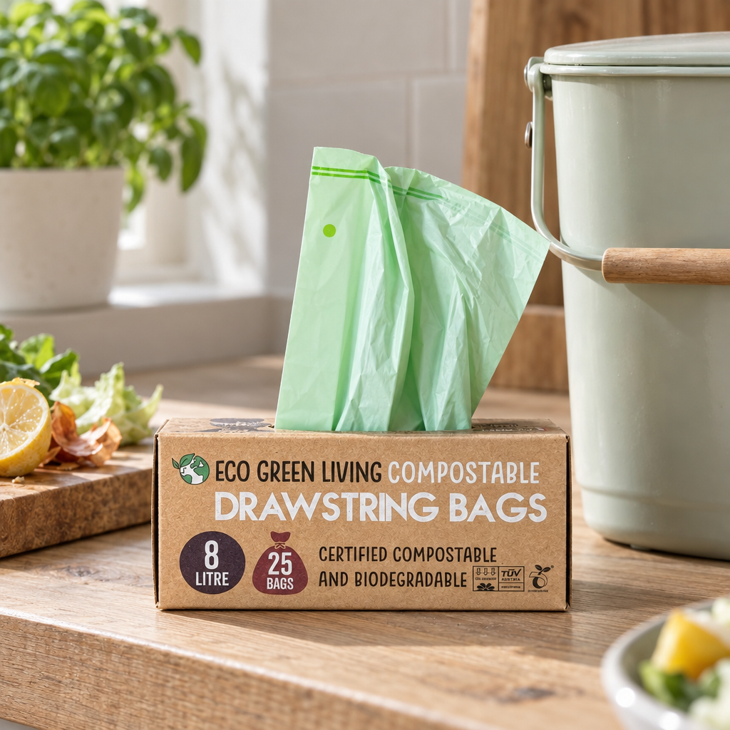 Eco Green Living 8 litre compostable drawstring bags beside a food caddy