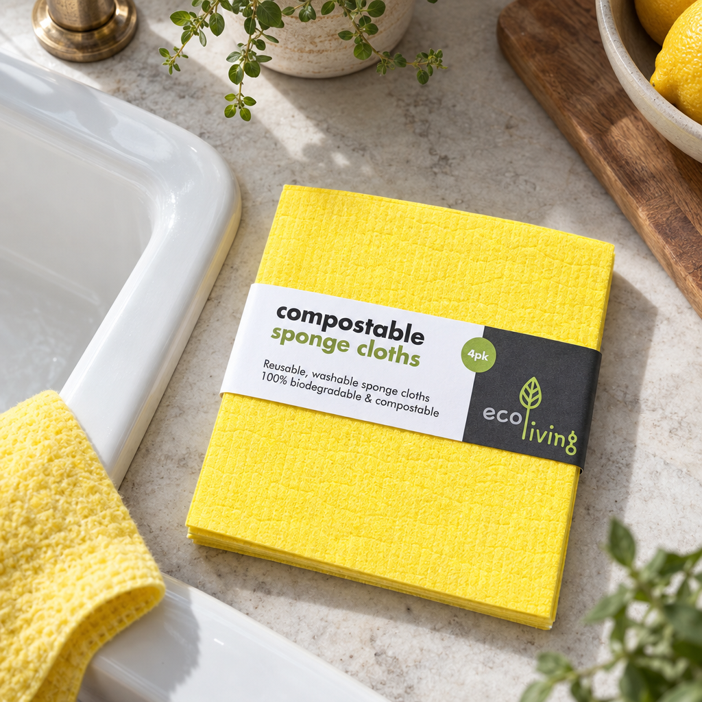 ecoLiving compostable sponge cloths 4 pack beside a sink