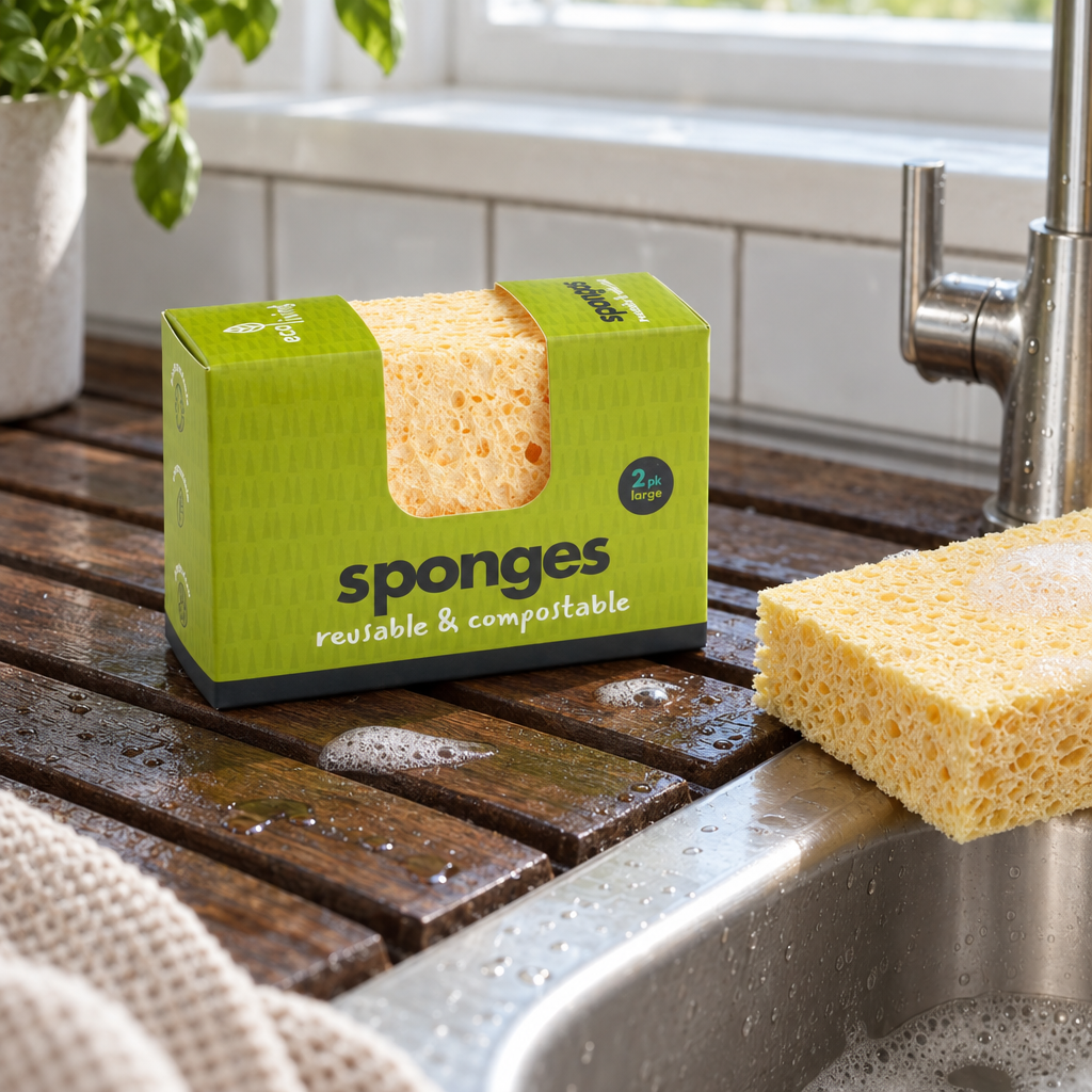 Compostable cellulose sponges 2 pack beside a kitchen sink