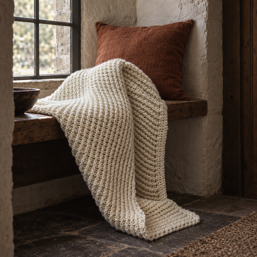 Cream chunky knit throw draped over a cottage window seat