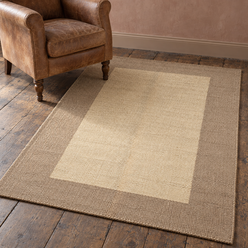 Dakota flat-woven jute rug with taupe border and cream centre on oak floorboards beside a leather armchair