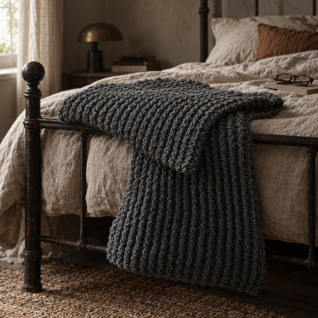 Dark grey chunky knit throw over the foot of an iron bed