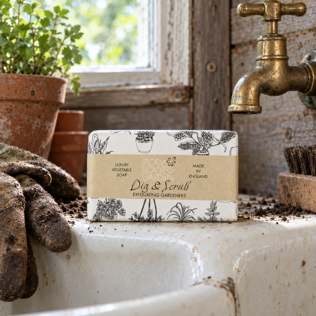 Storm Flowers Garden Dig and Scrub exfoliating gardeners soap on a potting shed sink with muddy gloves