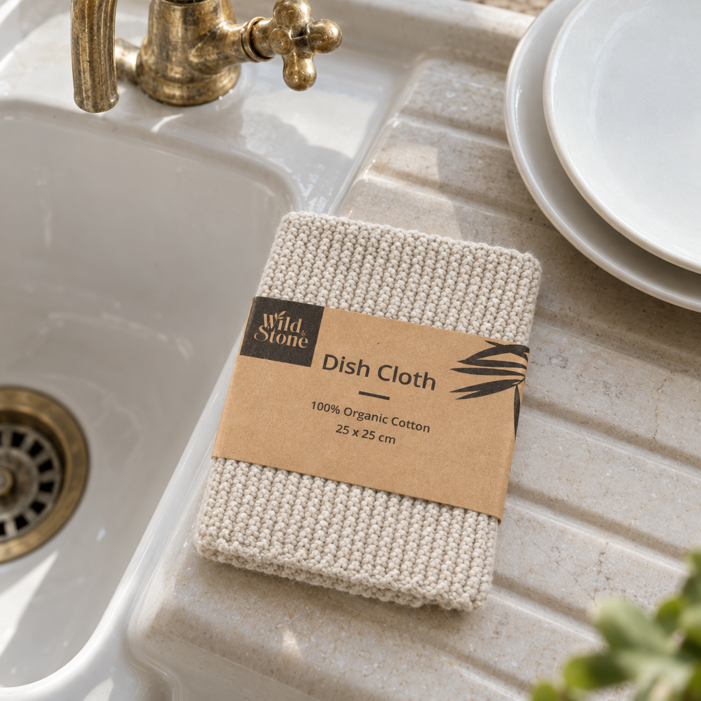 Wild and Stone organic cotton dish cloth on a butler sink