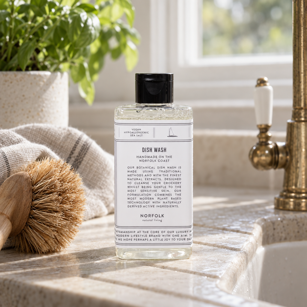 Norfolk Natural Living botanical Dish Wash beside a farmhouse sink