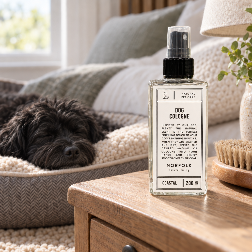 Dog Cologne - Coastal with a black curly cavapoo dog