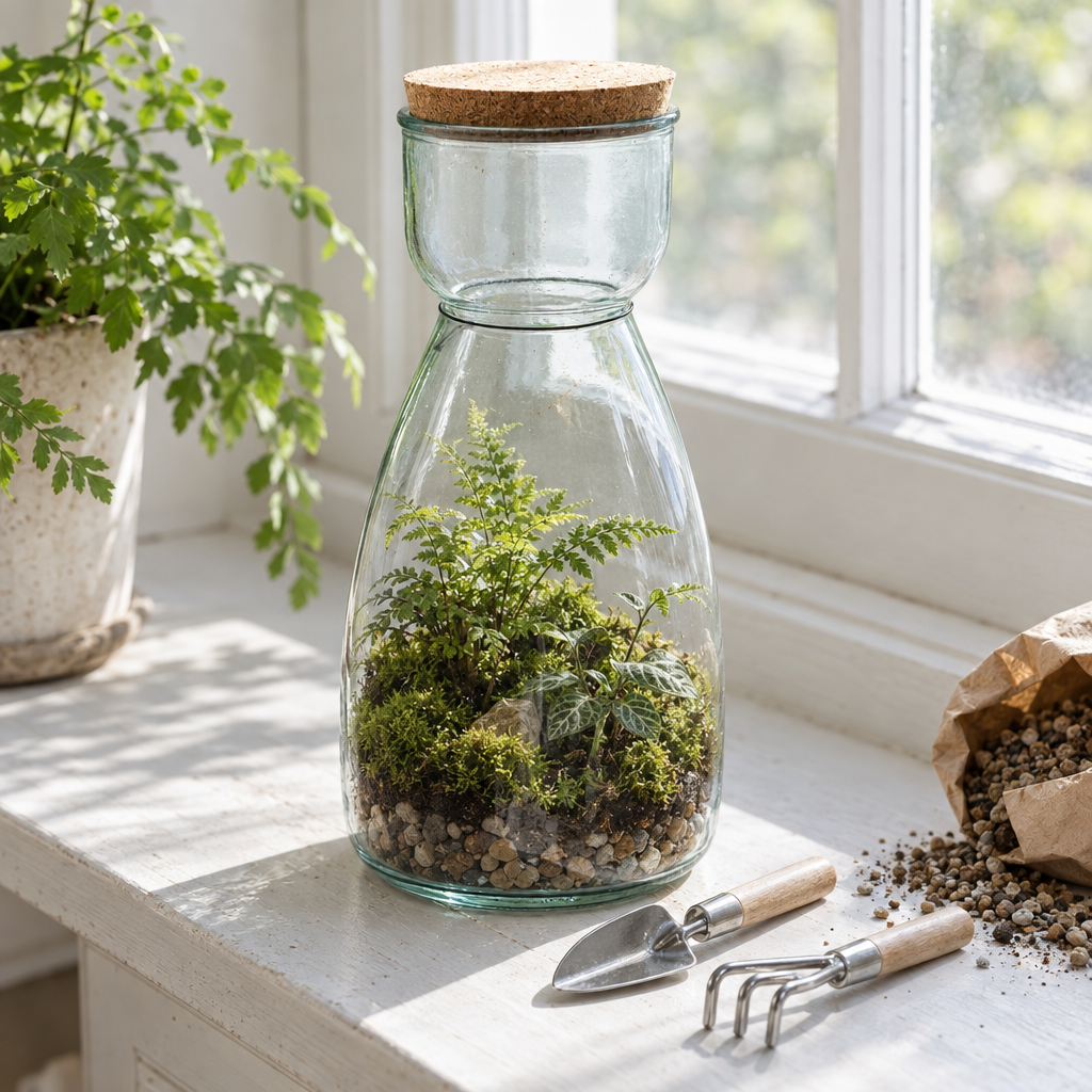 Glass bottle terrarium with cork lid and miniature tools on a windowsill