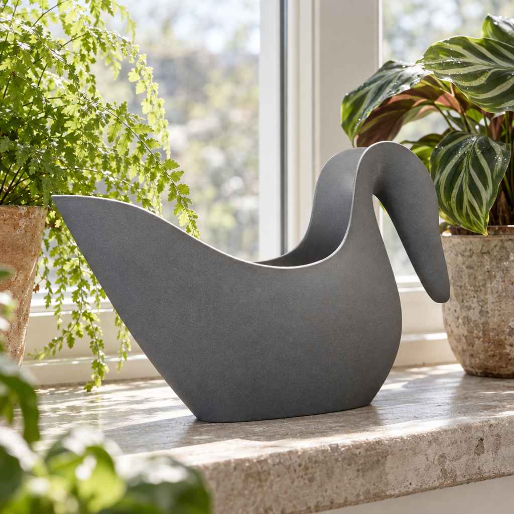Anthracite swan-shaped bamboo watering jug on a sunroom windowsill