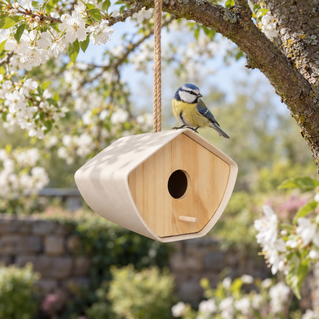 Japandi bamboo birdhouse hanging from a blossom tree with a blue tit