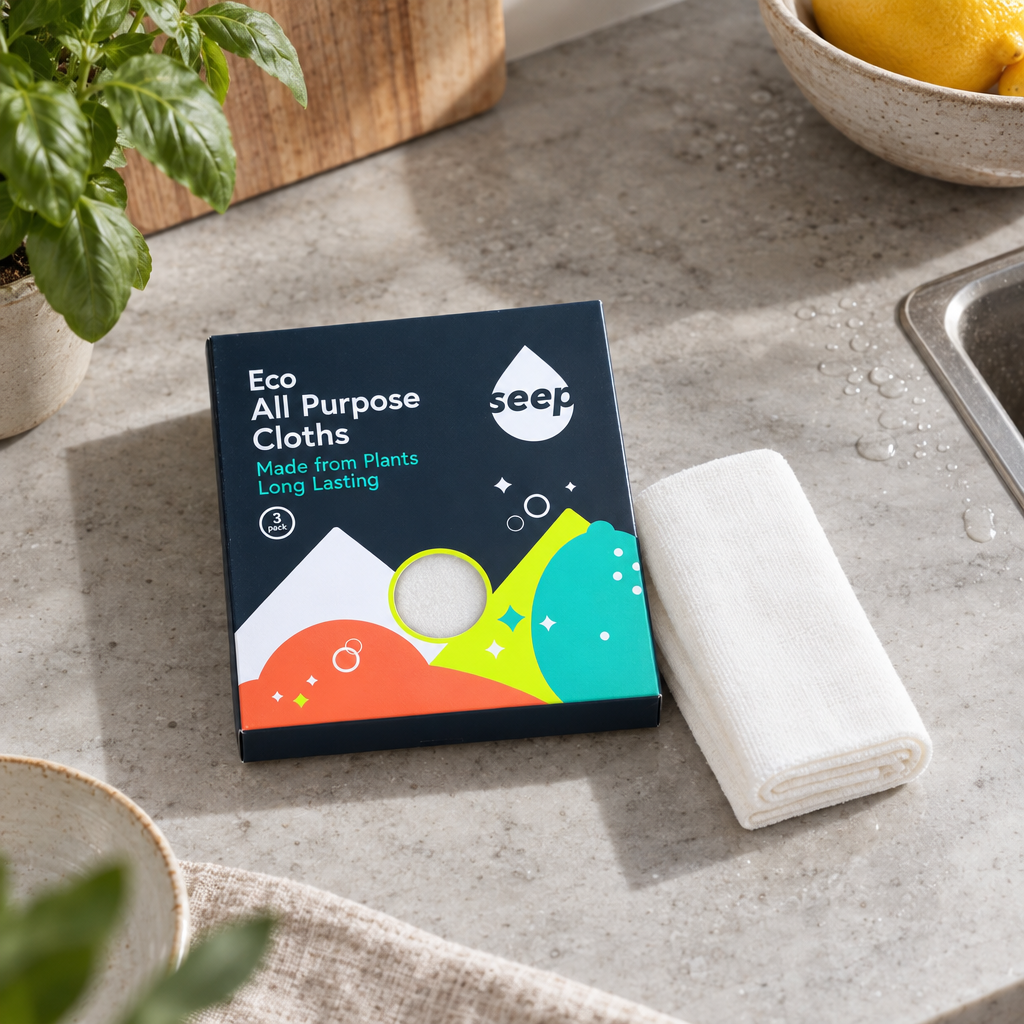 Seep Eco All Purpose Cloths pack on a stone worktop