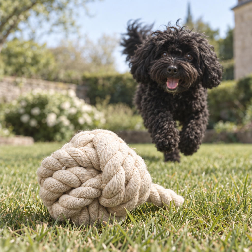 Eco Ball Dog Toy with a black curly cavapoo dog