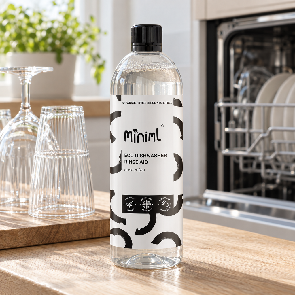 Miniml Eco Dishwasher Rinse Aid beside an open dishwasher