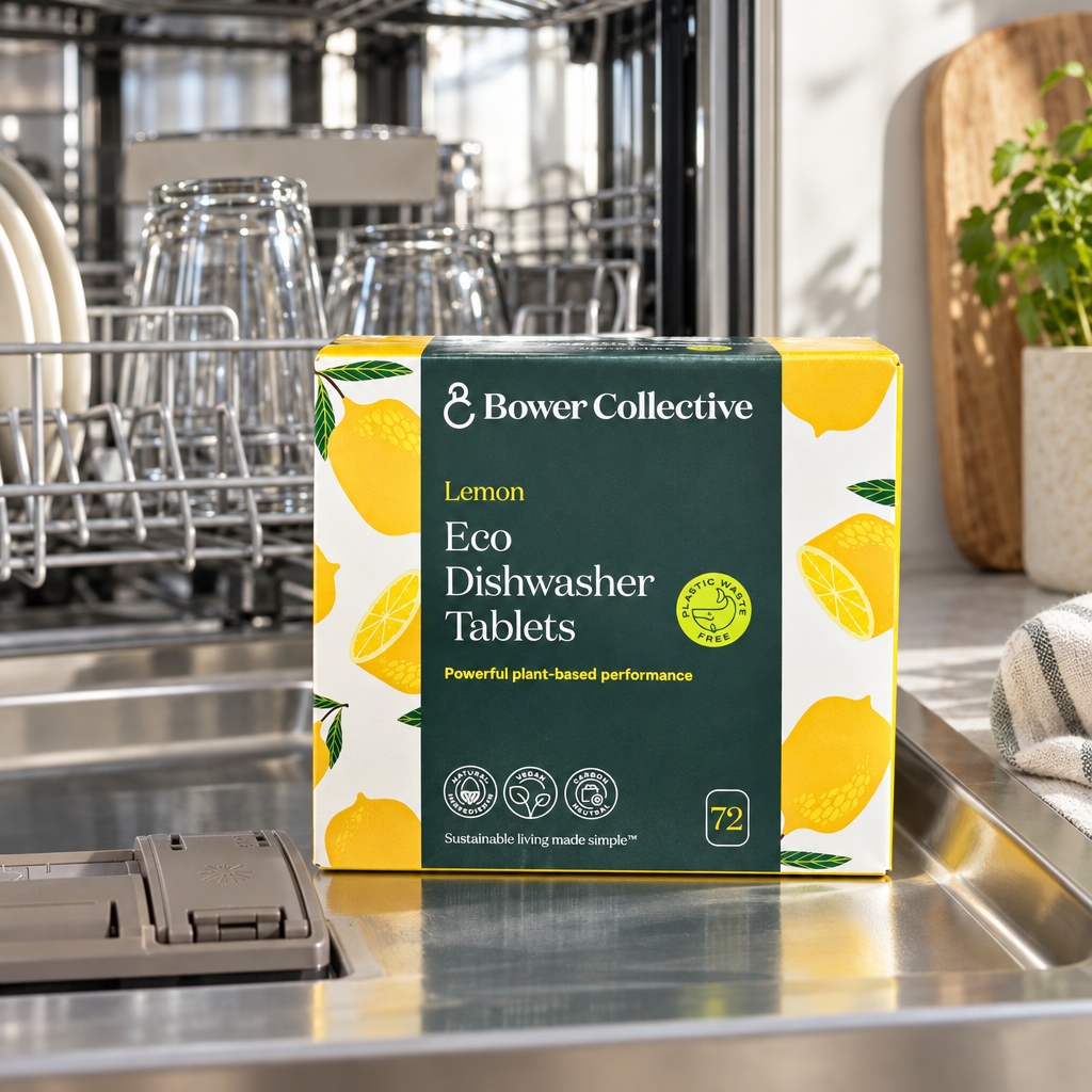 Bower Collective lemon eco dishwasher tablets box by an open dishwasher