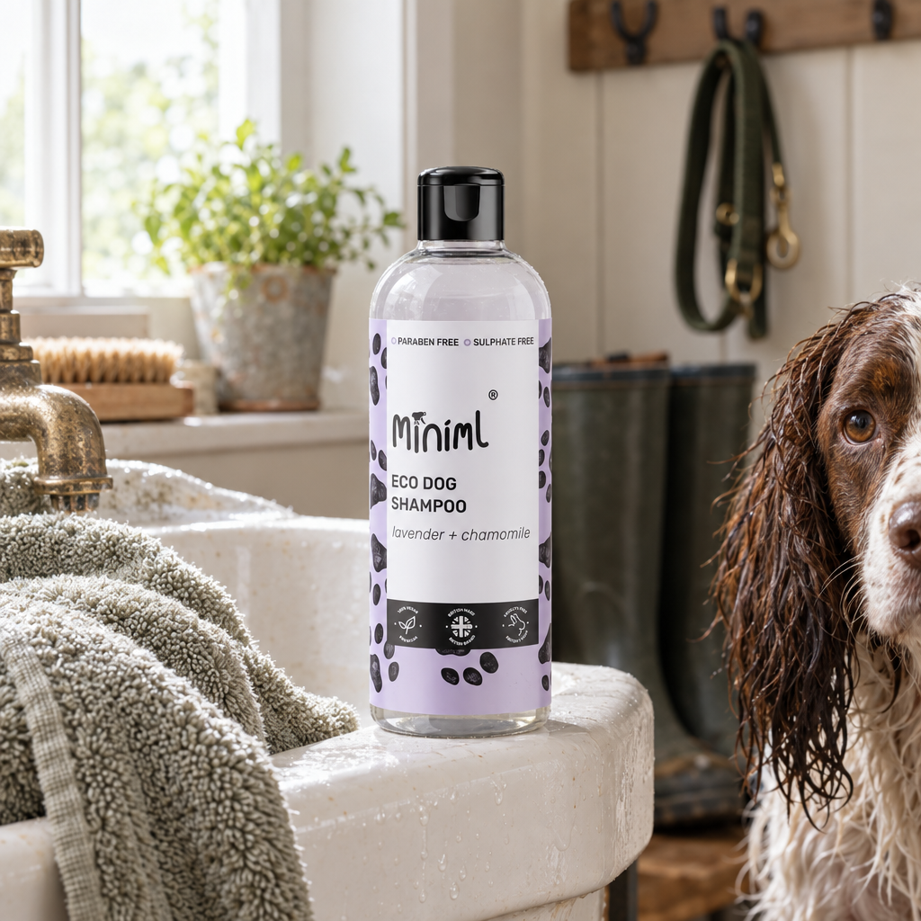 Miniml Eco Dog Shampoo lavender and chamomile in a boot room with a spaniel