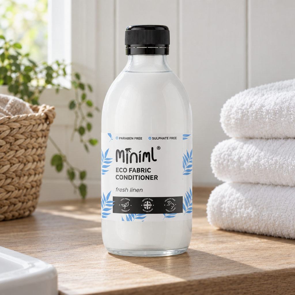 Miniml Eco Fabric Conditioner fresh linen beside folded towels