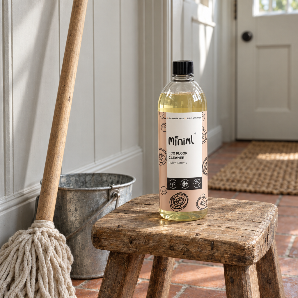 Miniml Eco Floor Cleaner nutty almond on a wooden stool in a hallway