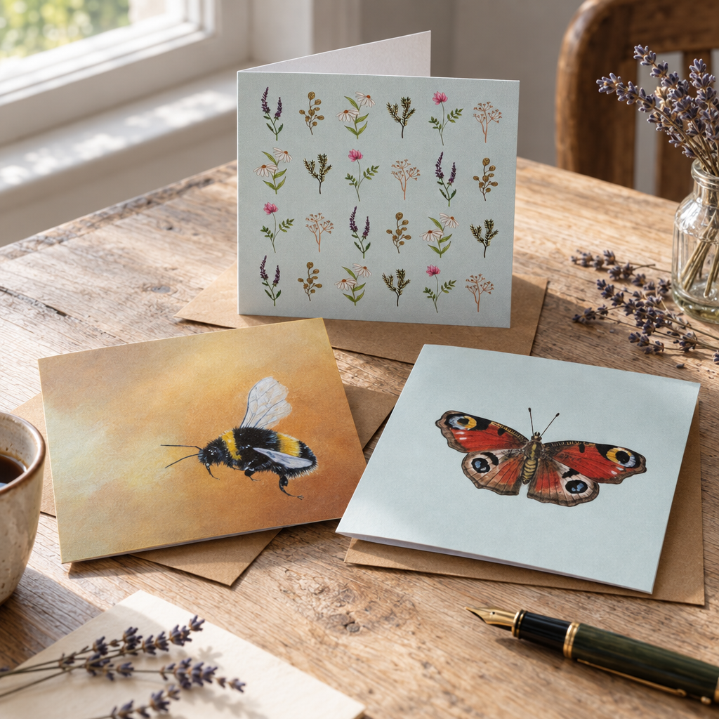 Eco-friendly greetings cards with wild flowers, bee and peacock butterfly designs